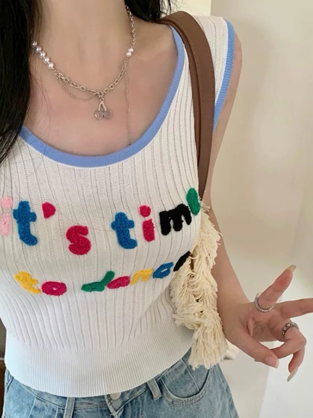 Women's White Ribbed Tank Top with Colorful Lettering - Picture 3 of 4